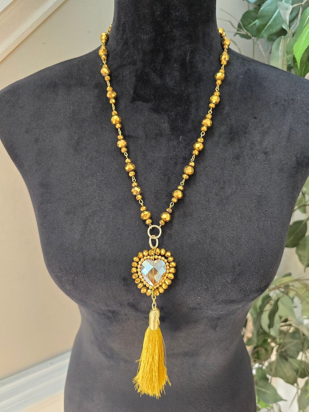 Gold Tone Beaded Heart Pendant Necklace Yellow Tassel Boho Statement